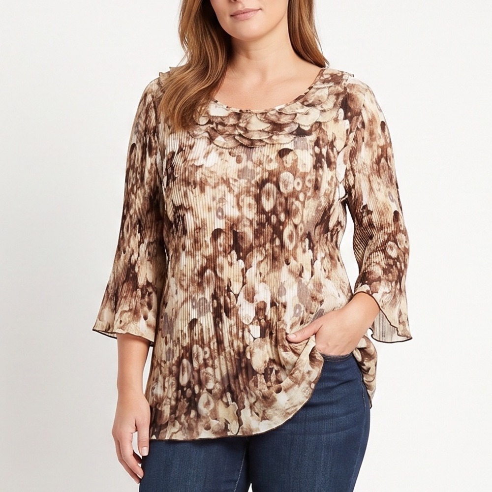Dressbarn Blouse Womens XL Brown Abstract Pleated Ruffle Neck Bell Sleeve NWT